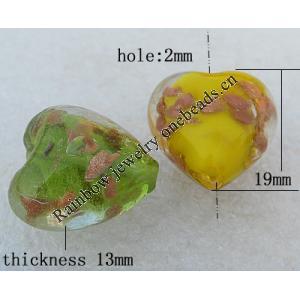 Gold Sand Lampwork Beads, Mix Color, Heart 19x13mm Hole:About 2mm, Sold by Group