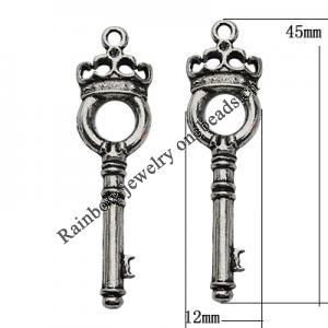 Pendant Zinc Alloy Jewelry Findings Lead-free, Key 45x12mm Hole:2mm, Sold by Bag