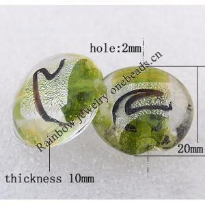 Silver Foil Lampwork Beads, Flat Round 20x10mm Hole:About 2mm, Sold by PC