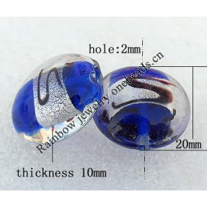 Silver Foil Lampwork Beads, Flat Round 20x10mm Hole:About 2mm, Sold by PC
