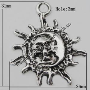 Pendant Zinc Alloy Jewelry Findings Lead-free, Sun 31x26mm Hole:3mm, Sold by Bag