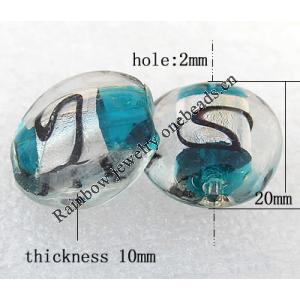 Silver Foil Lampwork Beads, Flat Round 20x10mm Hole:About 2mm, Sold by PC