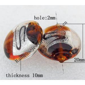 Silver Foil Lampwork Beads, Flat Round 20x10mm Hole:About 2mm, Sold by PC