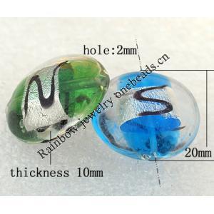 Silver Foil Lampwork Beads, Mix Color, Flat Round 20x10mm Hole:About 2mm, Sold by Group