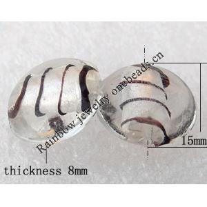 Silver Foil Lampwork Beads, Flat Round 15x8mm Hole:About 2mm, Sold by PC