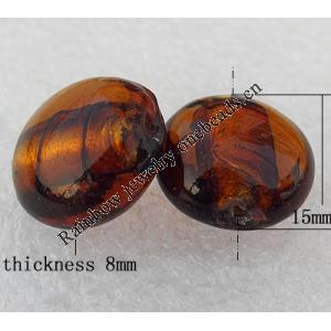 Silver Foil Lampwork Beads, Flat Round 15x8mm Hole:About 2mm, Sold by PC