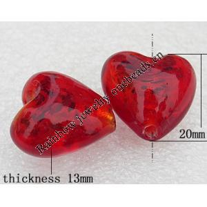 Silver Foil Lampwork Beads, Heart 20x13mm Hole:About 2mm, Sold by PC