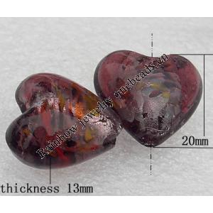 Silver Foil Lampwork Beads, Heart 20x13mm Hole:About 2mm, Sold by PC