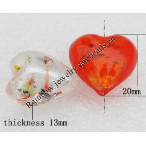Silver Foil Lampwork Beads, Mix Color, Heart 20x13mm Hole:About 2mm, Sold by Group