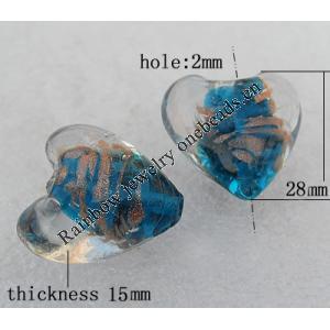 Gold Sand Lampwork Beads, Heart 28mm Hole:About 2mm, Sold by PC