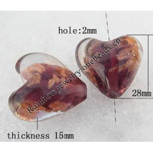 Gold Sand Lampwork Beads, Heart 28mm Hole:About 2mm, Sold by PC