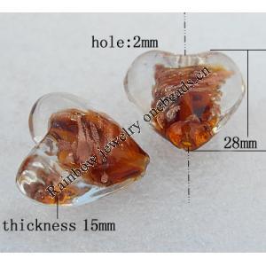 Gold Sand Lampwork Beads, Heart 28mm Hole:About 2mm, Sold by PC