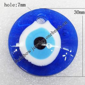 Turkish Handmade Lampwork Glass Evil Eye Pendant, Flat Round 30x6mm Hole:About 7mm, Sold by PC