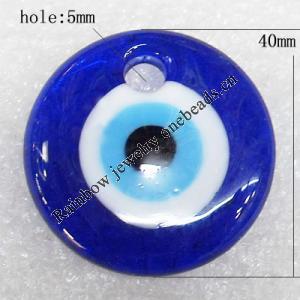 Turkish Handmade Lampwork Glass Evil Eye Pendant, Flat Round 40x7mm Hole:About 5mm, Sold by PC