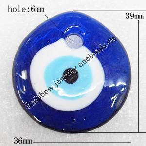 Turkish Handmade Lampwork Glass Evil Eye Pendant, Teardroop 39x36x8mm Hole:About 6mm, Sold by PC