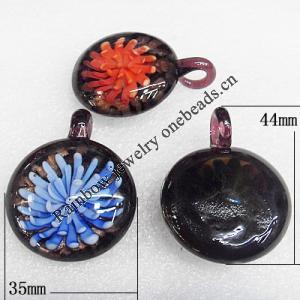 Inner Flower Lampwork Pendant, Mix Color 44x35mm Hole:About 6mm, Sold by Group