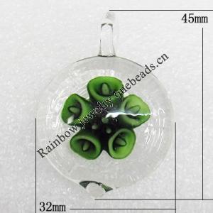 Inner Flower Lampwork Pendant, 45x32x10mm Hole:About 5mm, Sold by PC