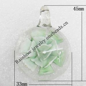 Inner Flower Lampwork Pendant, Flat Round 45x33x10mm Hole:About 5mm, Sold by PC