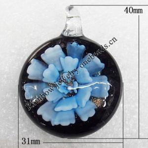 Inner Flower Lampwork Pendant, Flat Round 40x31x10mm Hole:About 4mm, Sold by PC