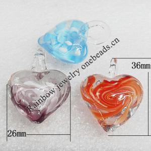 Inner Flower Lampwork Pendant, Mix Color, Heart 36x46mm Hole:About 7mm, Sold by Group