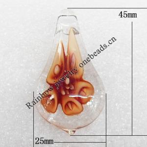 Inner Flower Lampwork Pendant, Leaf 45x25x10mm Hole:About 4mm, Sold by PC