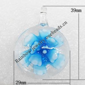 Inner Flower Lampwork Pendant, Flat Round 39x29x10mm Hole:About 5mm, Sold by PC