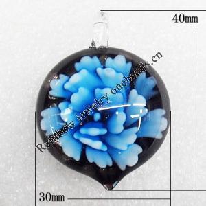 Inner Flower Lampwork Pendant, 40x30x12mm Hole:About 4mm, Sold by PC