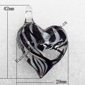 Lampwork Pendant, Heart 42x29x12mm Hole:About 6mm, Sold by PC