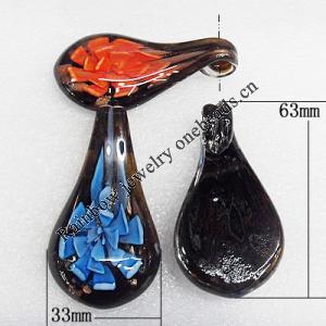 Inner Flower Lampwork Pendant, Mix Color, Leaf 63x33mm Hole:About 5mm, Sold by Group