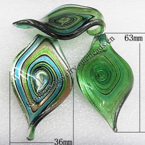 Lampwork Pendant, Leaf 63x36mm Hole:About 8mm, Sold by PC