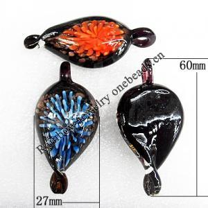 Inner Flower Lampwork Pendant, Mix Color, Leaf 60x27mm Hole:About 5mm, Sold by Group
