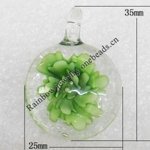 Inner Flower Lampwork Pendant, Flat Round 35x25x10mm Hole:About 4mm, Sold by PC