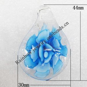 Inner Flower Lampwork Pendant, Teardroop 44x30x11mm Hole:About 7mm, Sold by PC