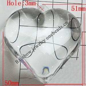 Transparent Acrylic Pendant, Heart 50x51mm Hole:3mm, Sold by Bag 
