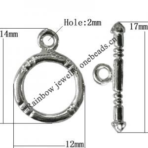 Copper Toggle Clasps Jewelry Findings Lead-free Platina Plated, Loop:14x12mm Bar:17mm Hole:2mm, Sold by Bag