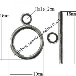 Copper Toggle Clasps Jewelry Findings Lead-free Platina Plated, Loop:15x10mm Bar:15mm Hole:2mm, Sold by Bag
