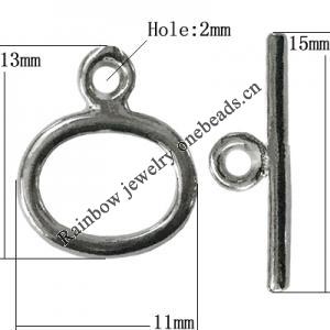 Copper Toggle Clasps Jewelry Findings Lead-free Platina Plated, Loop:13x11mm Bar:15mm Hole:2mm, Sold by Bag