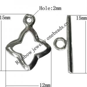 Copper Toggle Clasps Jewelry Findings Lead-free Platina Plated, Loop:15x12mm Bar:15mm Hole:2mm, Sold by Bag