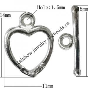 Copper Toggle Clasps Jewelry Findings Lead-free Platina Plated, Loop:14x11mm Bar:15mm Hole:2mm, Sold by Bag