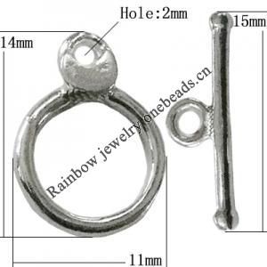 Copper Toggle Clasps Jewelry Findings Lead-free Platina Plated, Loop:14x11mm Bar:15mm Hole:2mm, Sold by Bag