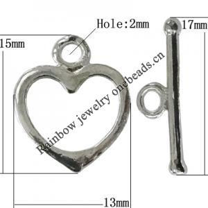 Copper Toggle Clasps Jewelry Findings Lead-free Platina Plated, Loop:15x13mm Bar:17mm Hole:2mm, Sold by Bag