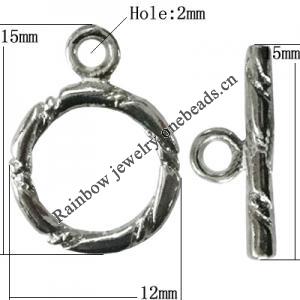 Copper Toggle Clasps Jewelry Findings Lead-free Platina Plated, Loop:15x12mm Bar:15mm Hole:2mm, Sold by Bag