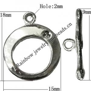 Copper Toggle Clasps Jewelry Findings Lead-free Platina Plated, Loop:18x15mm Bar:19mm Hole:2mm, Sold by Bag