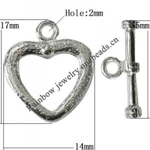 Copper Toggle Clasps Jewelry Findings Lead-free Platina Plated, Loop:17x14mm Bar:15mm Hole:2mm, Sold by Bag