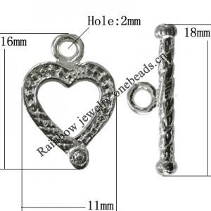 Copper Toggle Clasps Jewelry Findings Lead-free Platina Plated, Loop:16x11mm Bar:18mm Hole:2mm, Sold by Bag