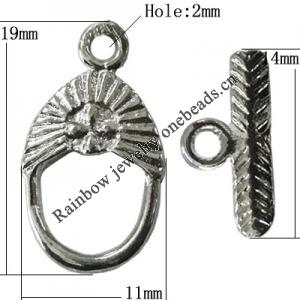 Copper Toggle Clasps Jewelry Findings Lead-free Platina Plated, Loop:19x11mm Bar:14mm Hole:2mm, Sold by Bag