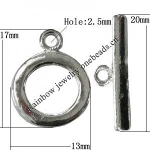 Copper Toggle Clasps Jewelry Findings Lead-free Platina Plated, Loop:17x13mm Bar:20mm Hole:2.5mm, Sold by Bag