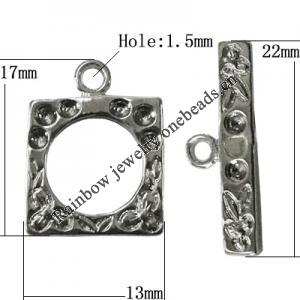 Copper Toggle Clasps Jewelry Findings Lead-free Platina Plated, Loop:17x13mm Bar:22mm Hole:1.5mm, Sold by Bag