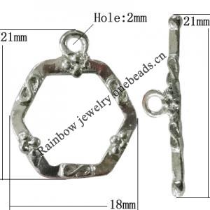 Copper Toggle Clasps Jewelry Findings Lead-free Platina Plated, Loop:18x21mm Bar:21x6mm Hole:2mm, Sold by Bag