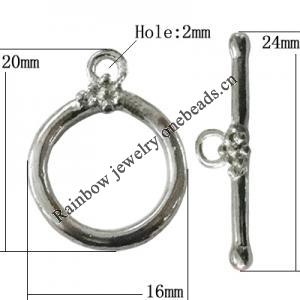 Copper Toggle Clasps Jewelry Findings Lead-free Platina Plated, Loop:20x16mm Bar:24x7mm Hole:2mm, Sold by Bag